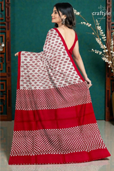 Handcrafted mulberry pure silk saree in sizzling red white block print design 6