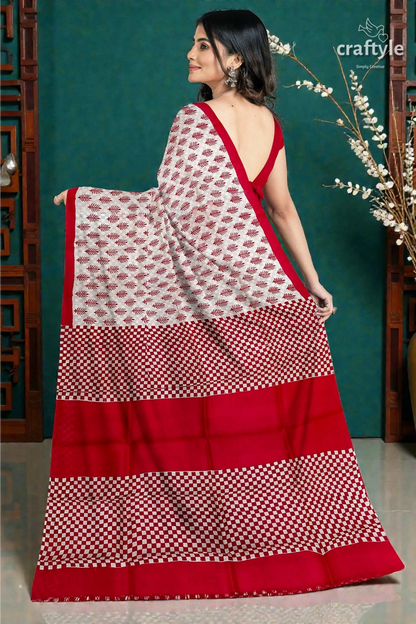 Handcrafted mulberry pure silk saree in sizzling red white block print design 6