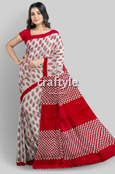 Handcrafted Mulberry Pure Silk Saree in Sizzling Red White Block Print Design - Craftyle