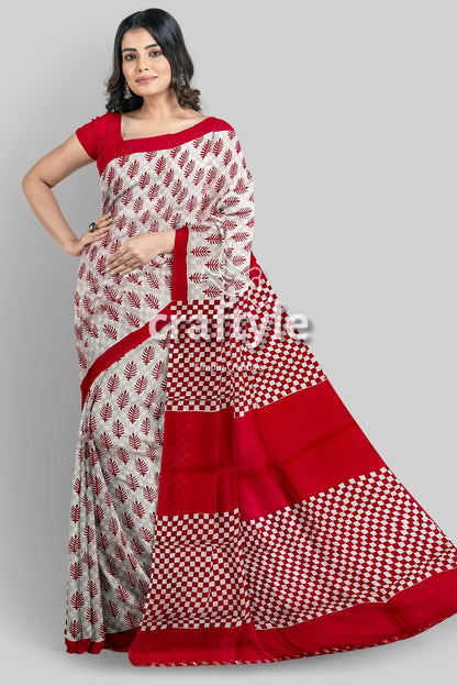 Handcrafted Mulberry Pure Silk Saree in Sizzling Red White Block Print Design - Craftyle
