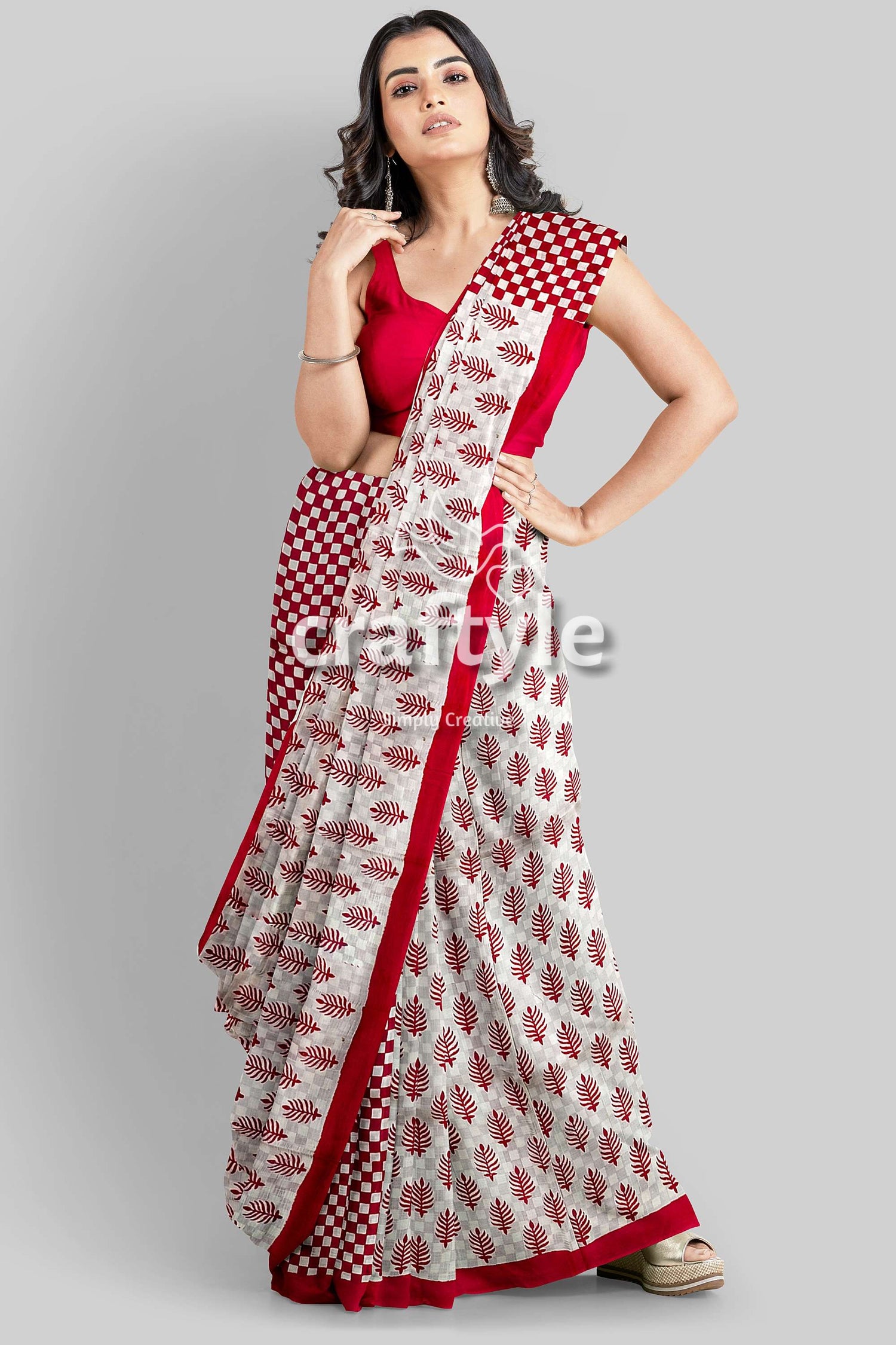 Handcrafted Mulberry Pure Silk Saree in Sizzling Red White Block Print Design - Craftyle