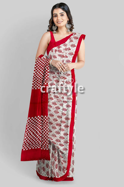 Handcrafted Mulberry Pure Silk Saree in Sizzling Red White Block Print Design - Craftyle