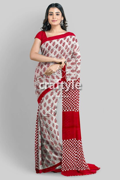 Handcrafted Mulberry Pure Silk Saree in Sizzling Red White Block Print Design - Craftyle