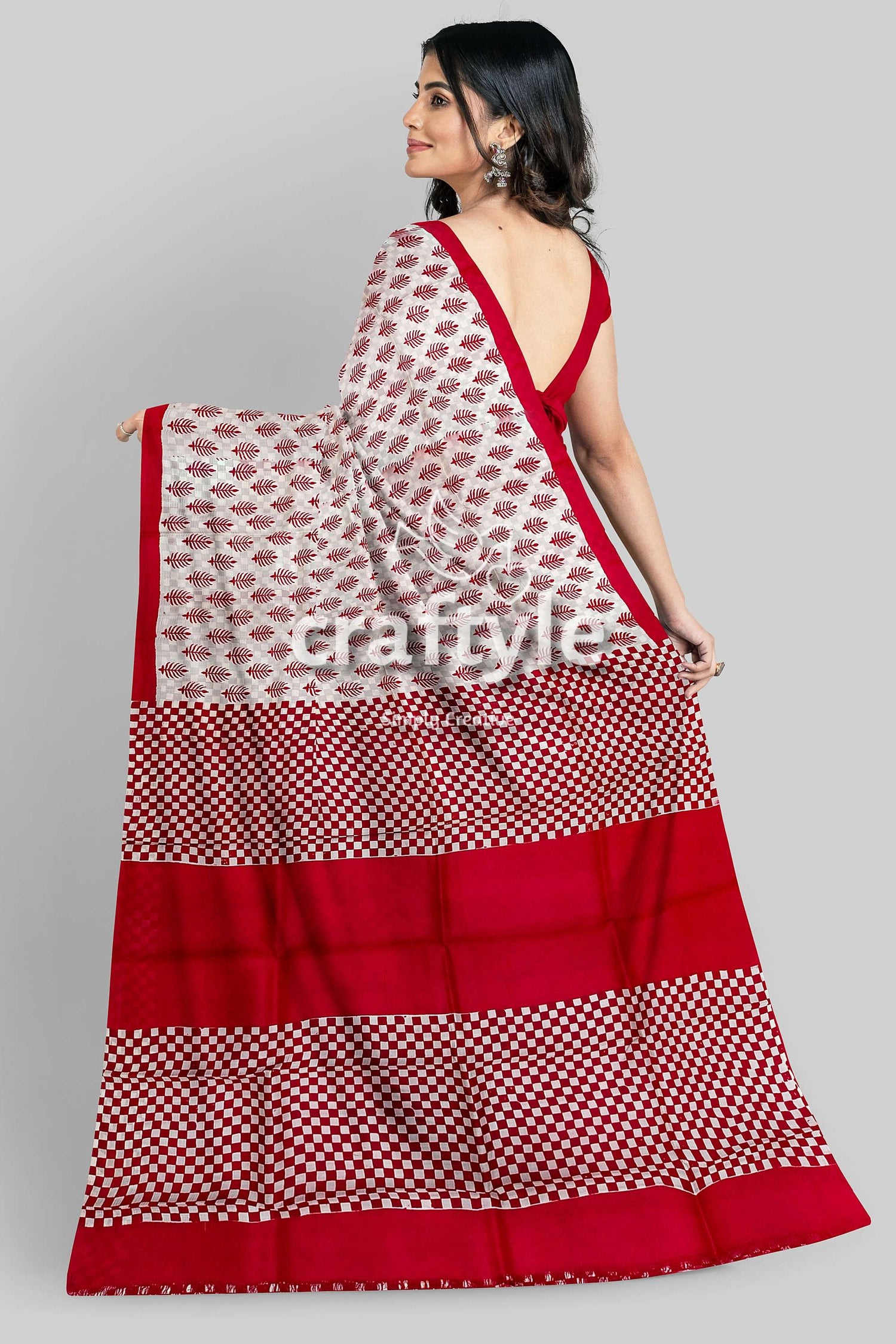 Handcrafted Mulberry Pure Silk Saree in Sizzling Red White Block Print Design - Craftyle