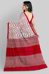 Handcrafted Mulberry Pure Silk Saree in Sizzling Red White Block Print Design - Craftyle