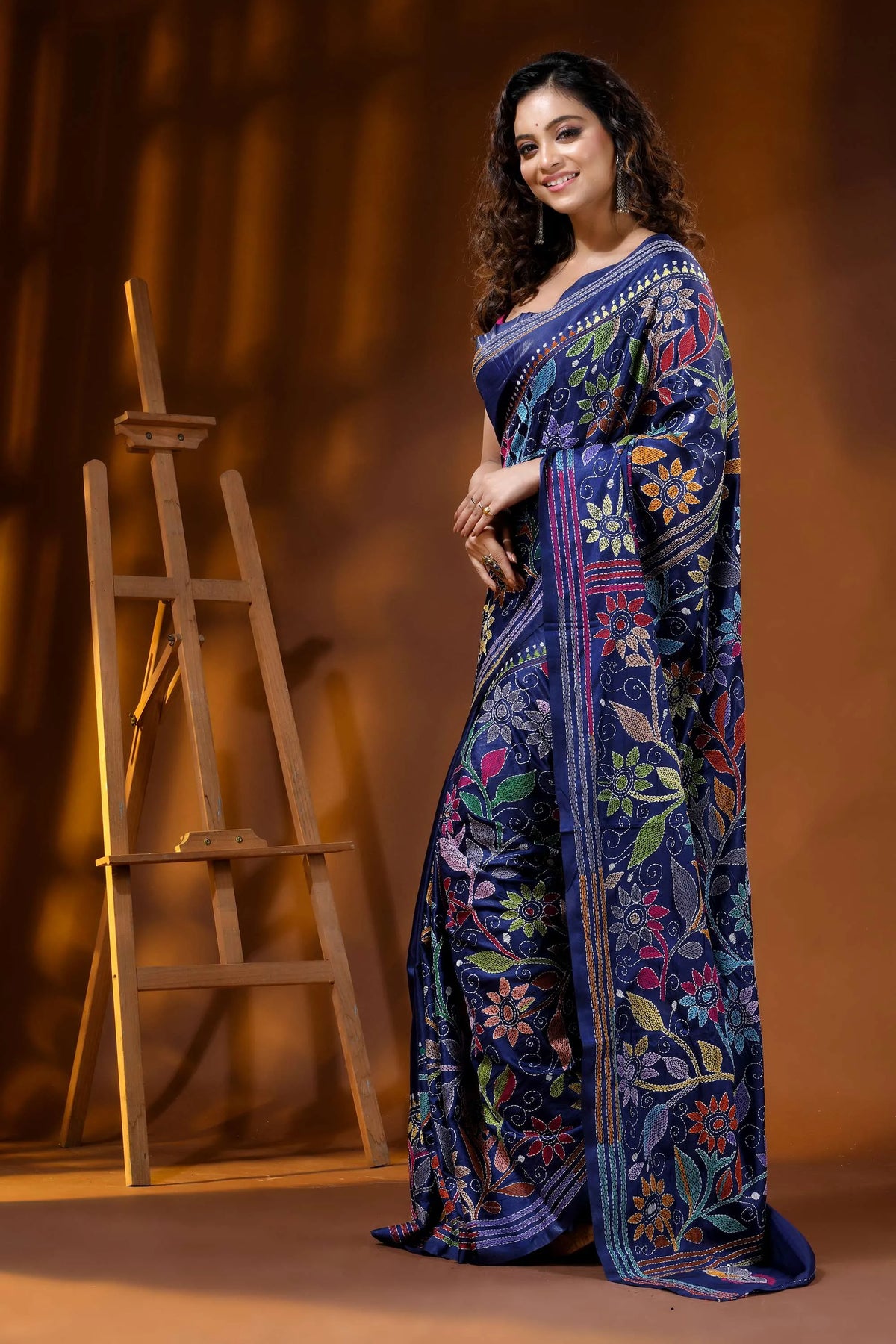 Handcrafted multi-thread floral silk kantha stitch saree in nile blue 3