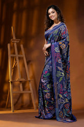 Handcrafted multi-thread floral silk kantha stitch saree in nile blue 3