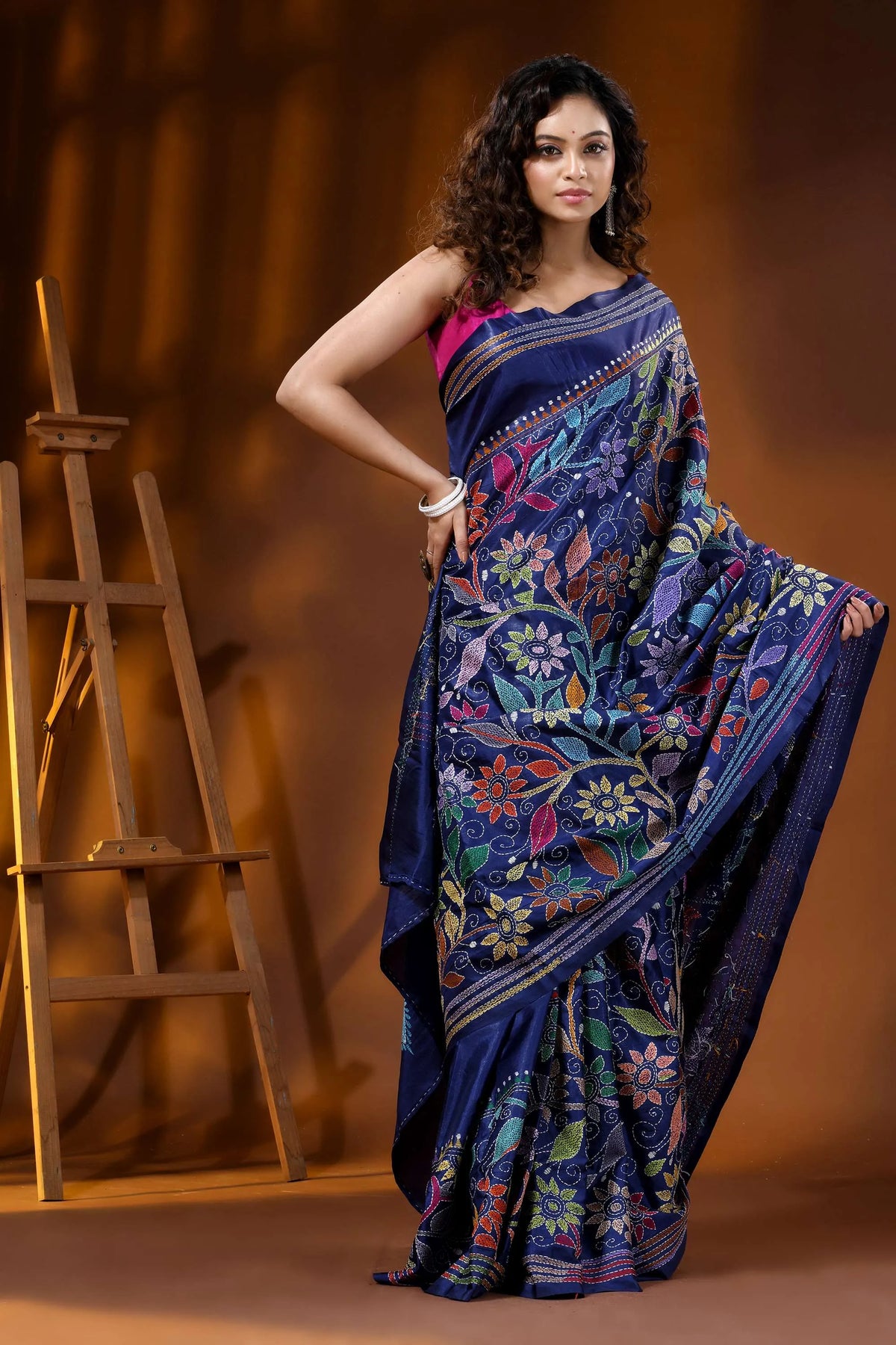 Handcrafted multi-thread floral silk kantha stitch saree in nile blue 4