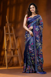 Handcrafted multi-thread floral silk kantha stitch saree in nile blue 6