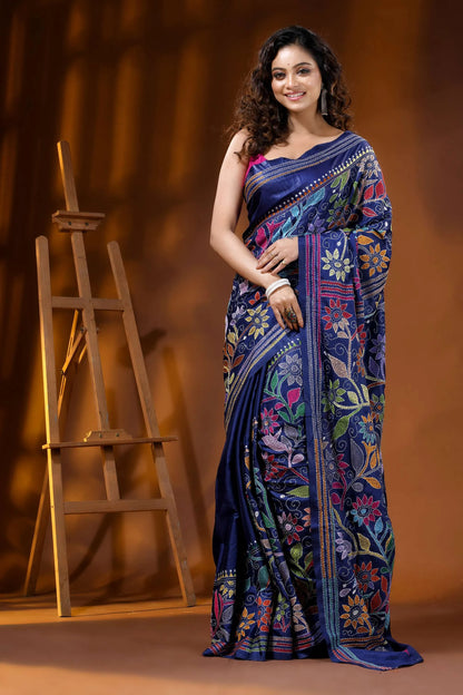 Handcrafted multi-thread floral silk kantha stitch saree in nile blue 6