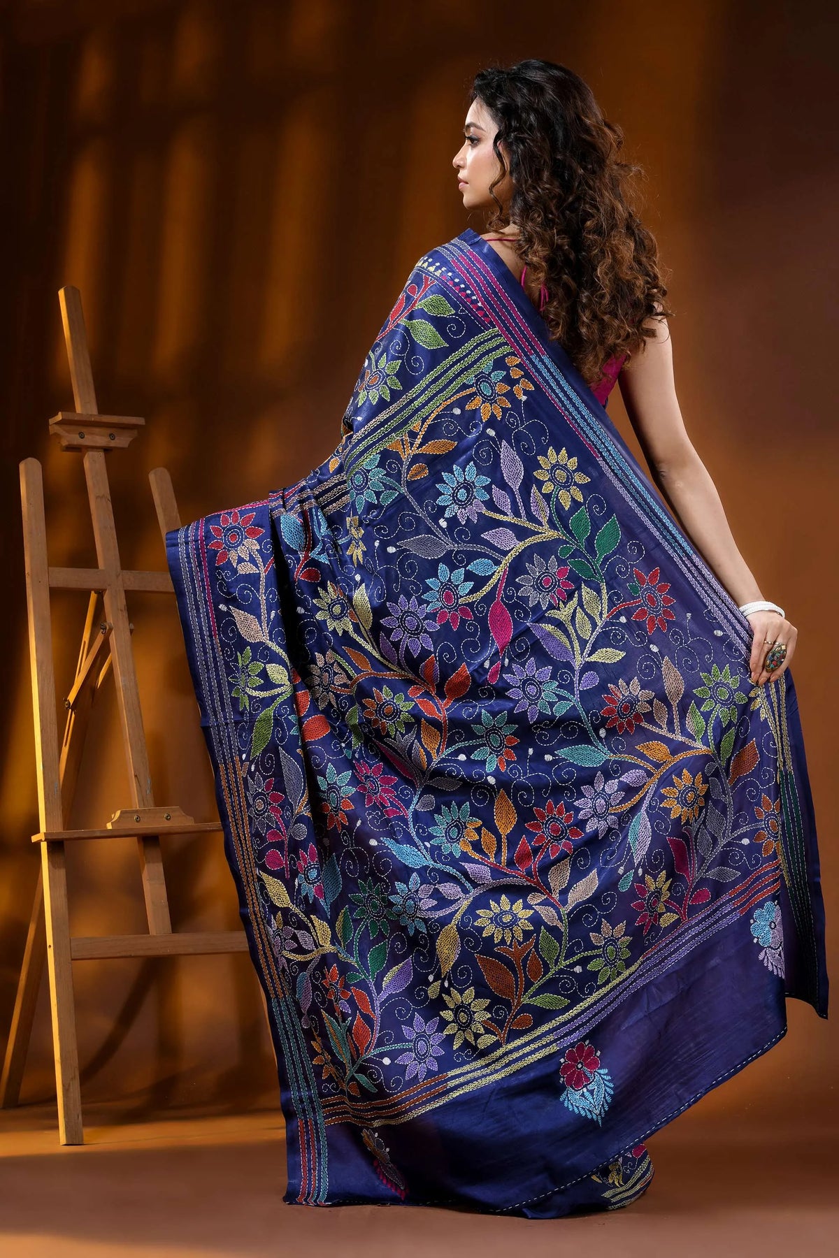 Handcrafted multi-thread floral silk kantha stitch saree in nile blue 5