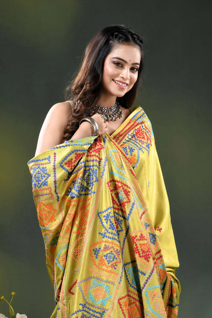 Handcrafted multicolor ethnic design kutch embroidery silk saree in alpine 2