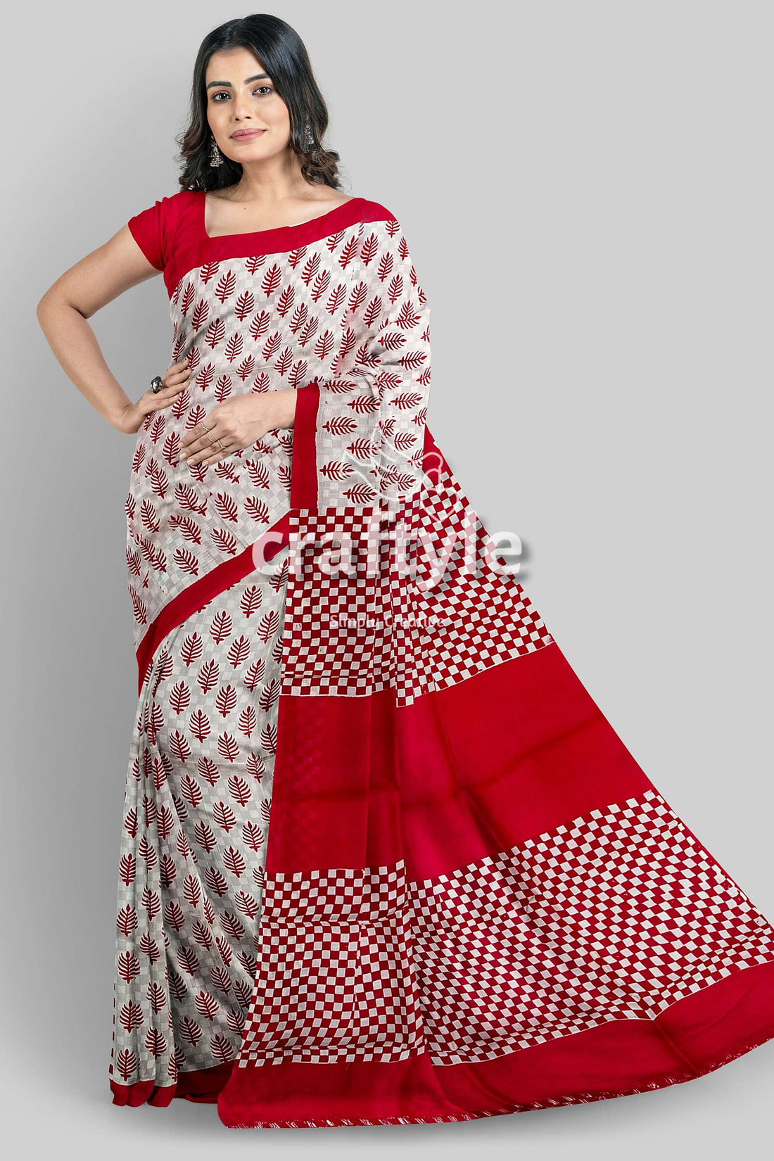 Handcrafted Murshidabad Pure Silk Saree in Sizzling Red White Block Print Design-Craftyle