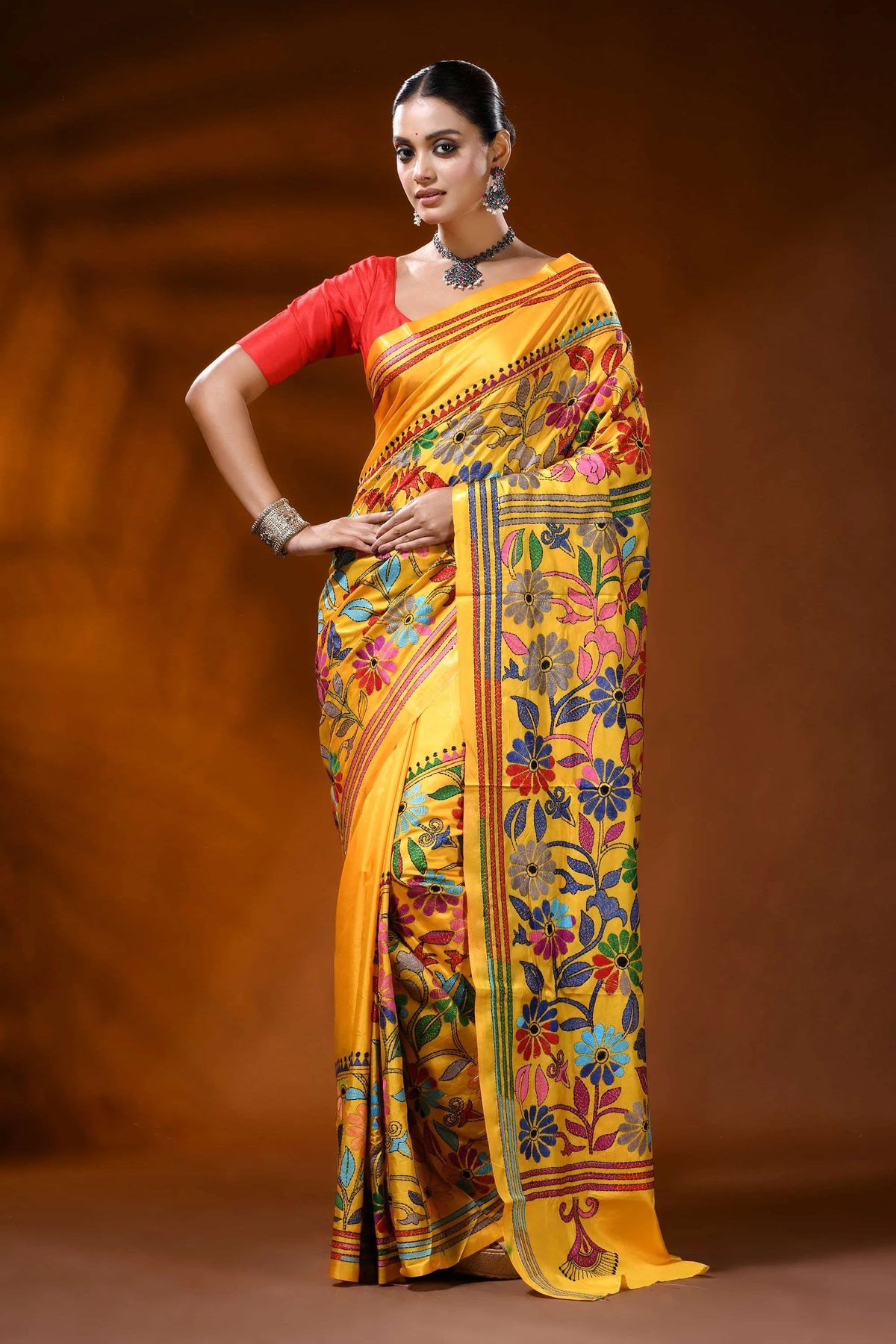 Handcrafted mustard yellow silk kantha saree with floral design 1