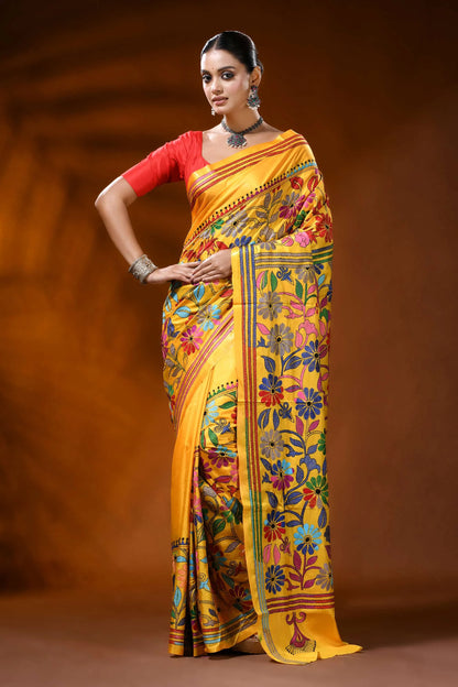 Handcrafted mustard yellow silk kantha saree with floral design 1