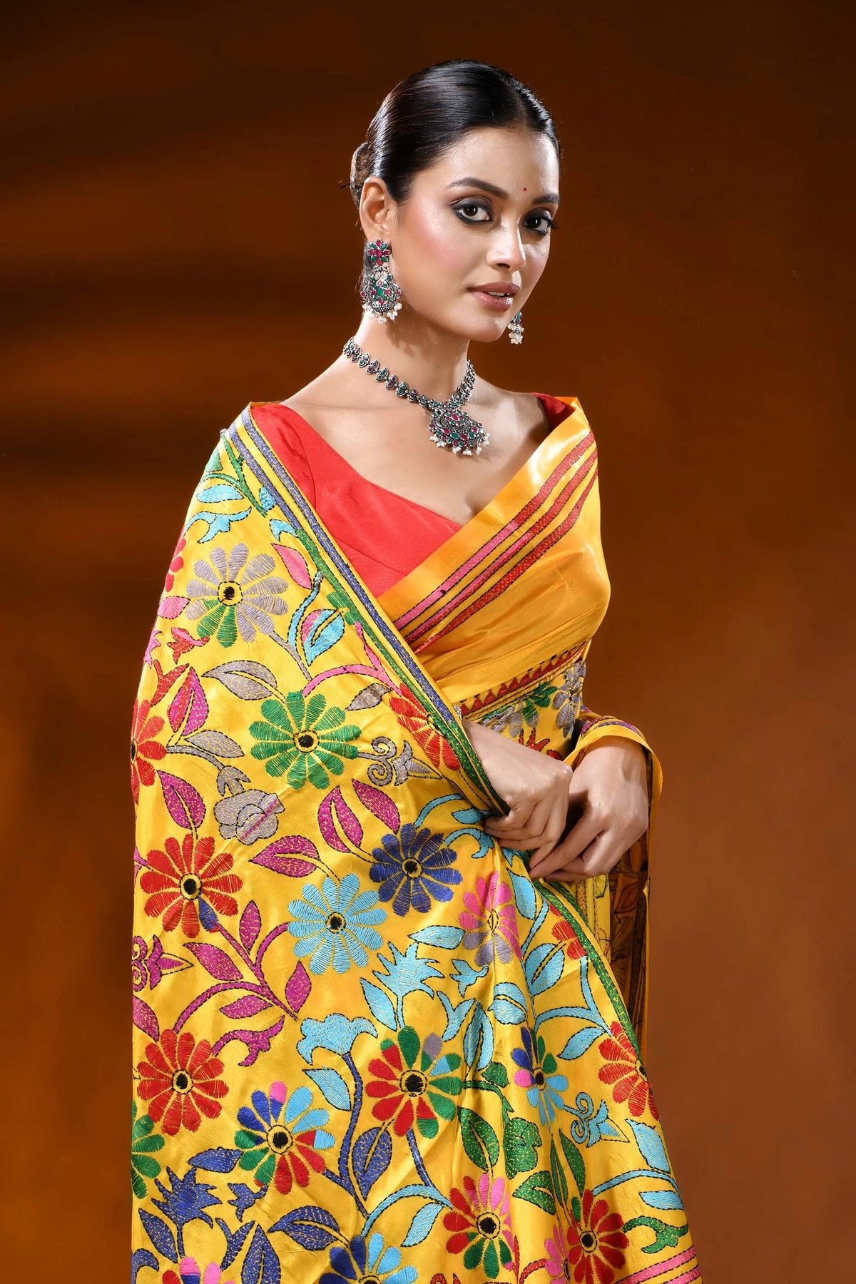 Handcrafted mustard yellow silk kantha saree with floral design 2