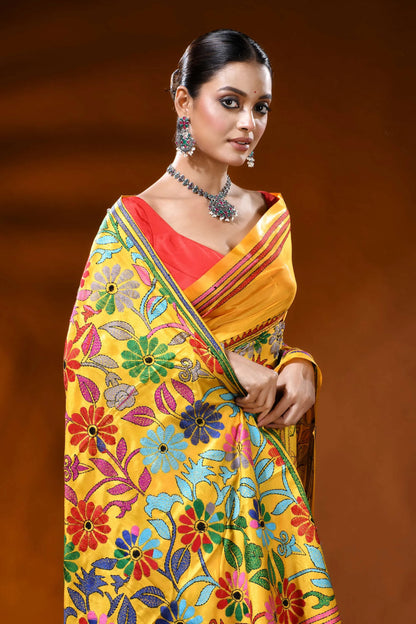 Handcrafted mustard yellow silk kantha saree with floral design 2