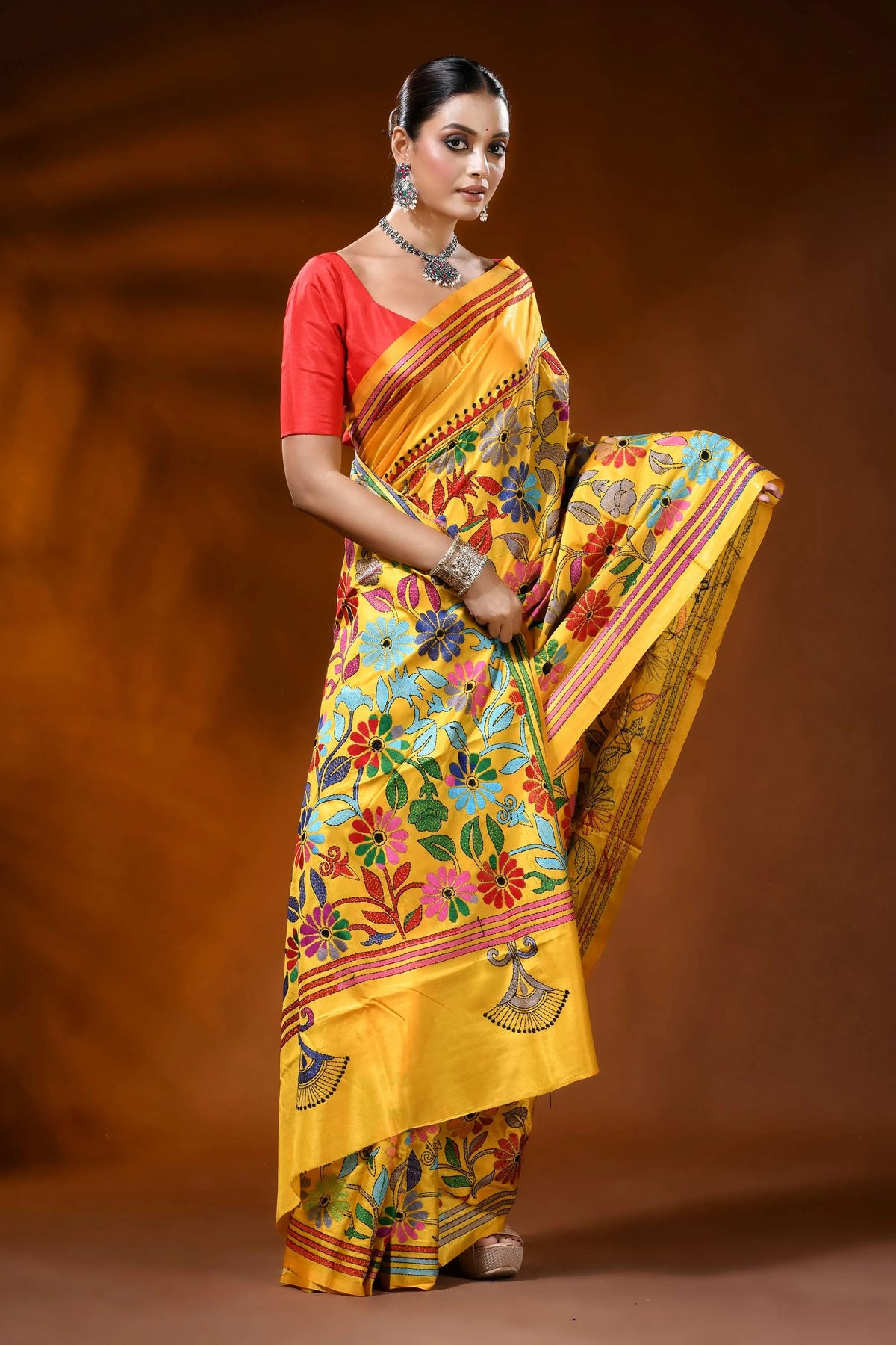 Handcrafted mustard yellow silk kantha saree with floral design 4