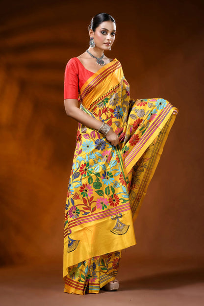 Handcrafted mustard yellow silk kantha saree with floral design 4