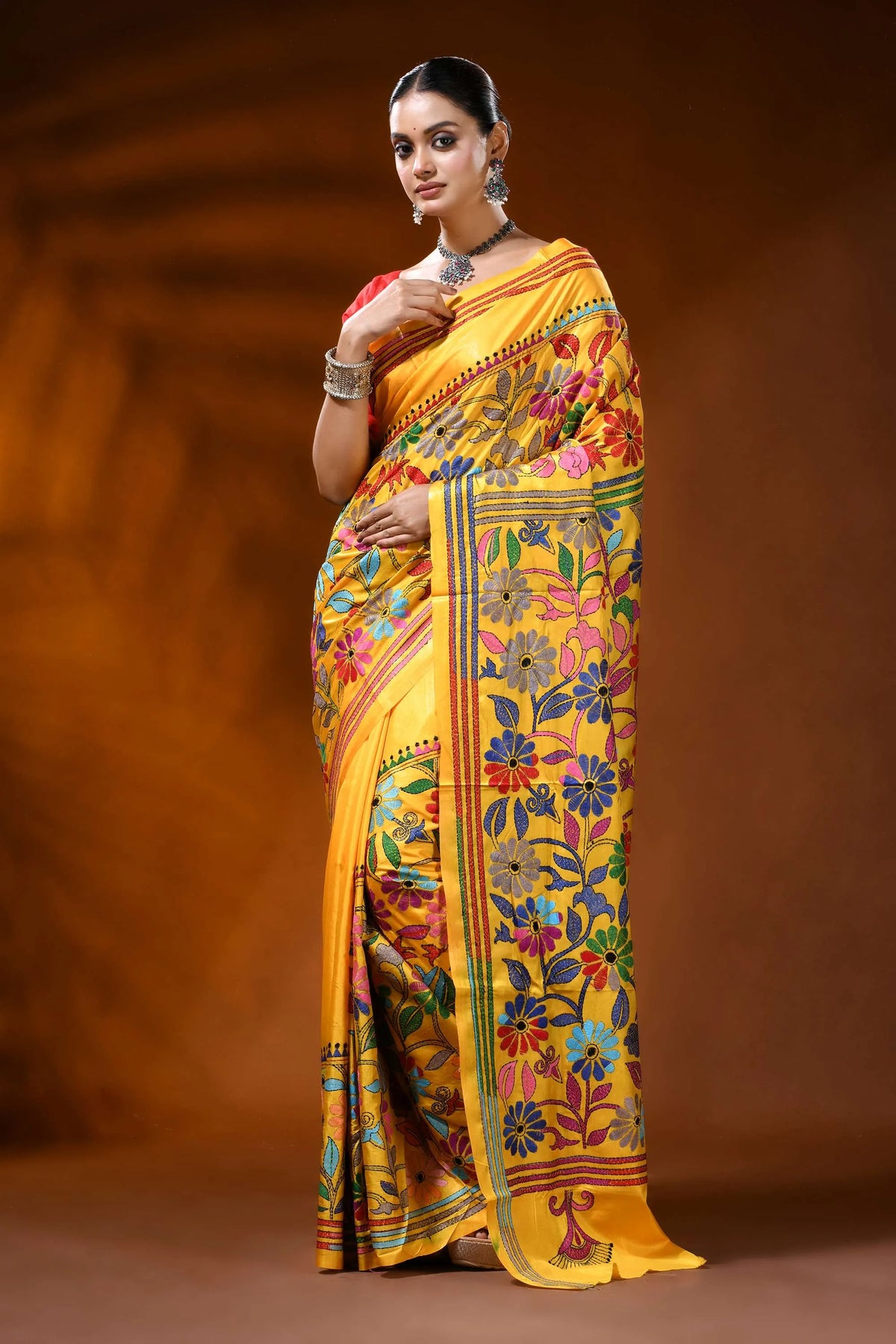 Handcrafted mustard yellow silk kantha saree with floral design 6