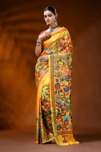 Handcrafted mustard yellow silk kantha saree with floral design 6