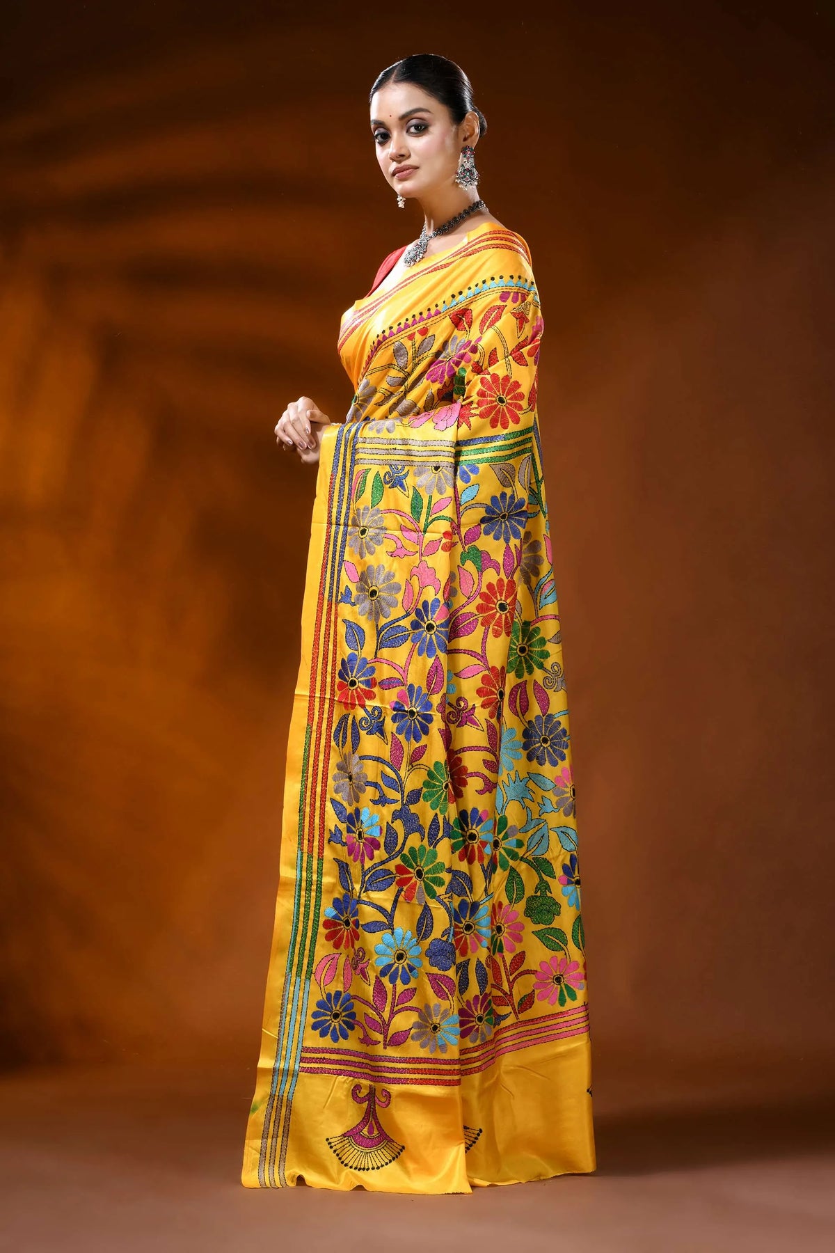 Handcrafted mustard yellow silk kantha saree with floral design 3