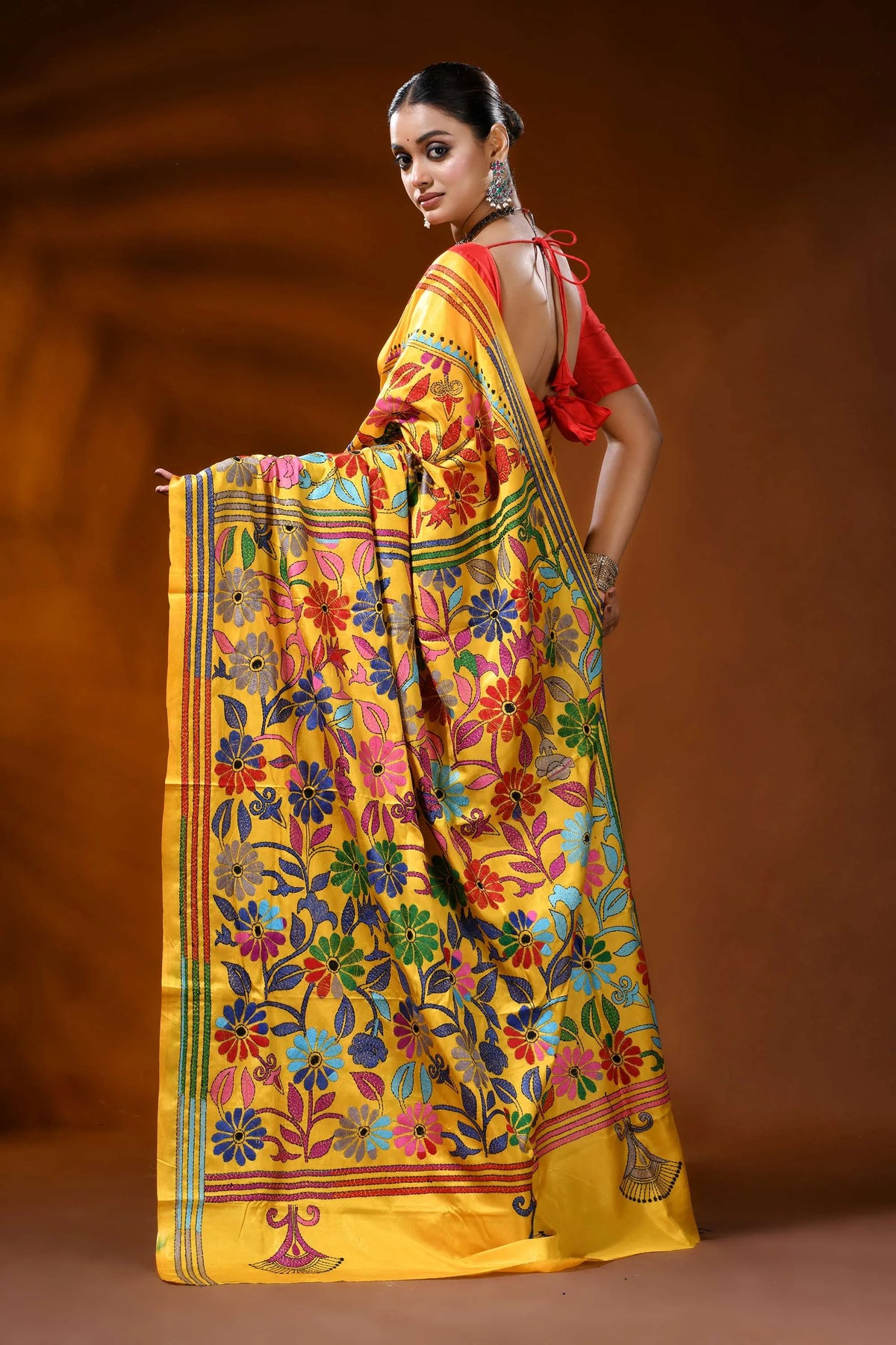 Handcrafted mustard yellow silk kantha saree with floral design 5