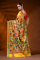 Handcrafted mustard yellow silk kantha saree with floral design 5