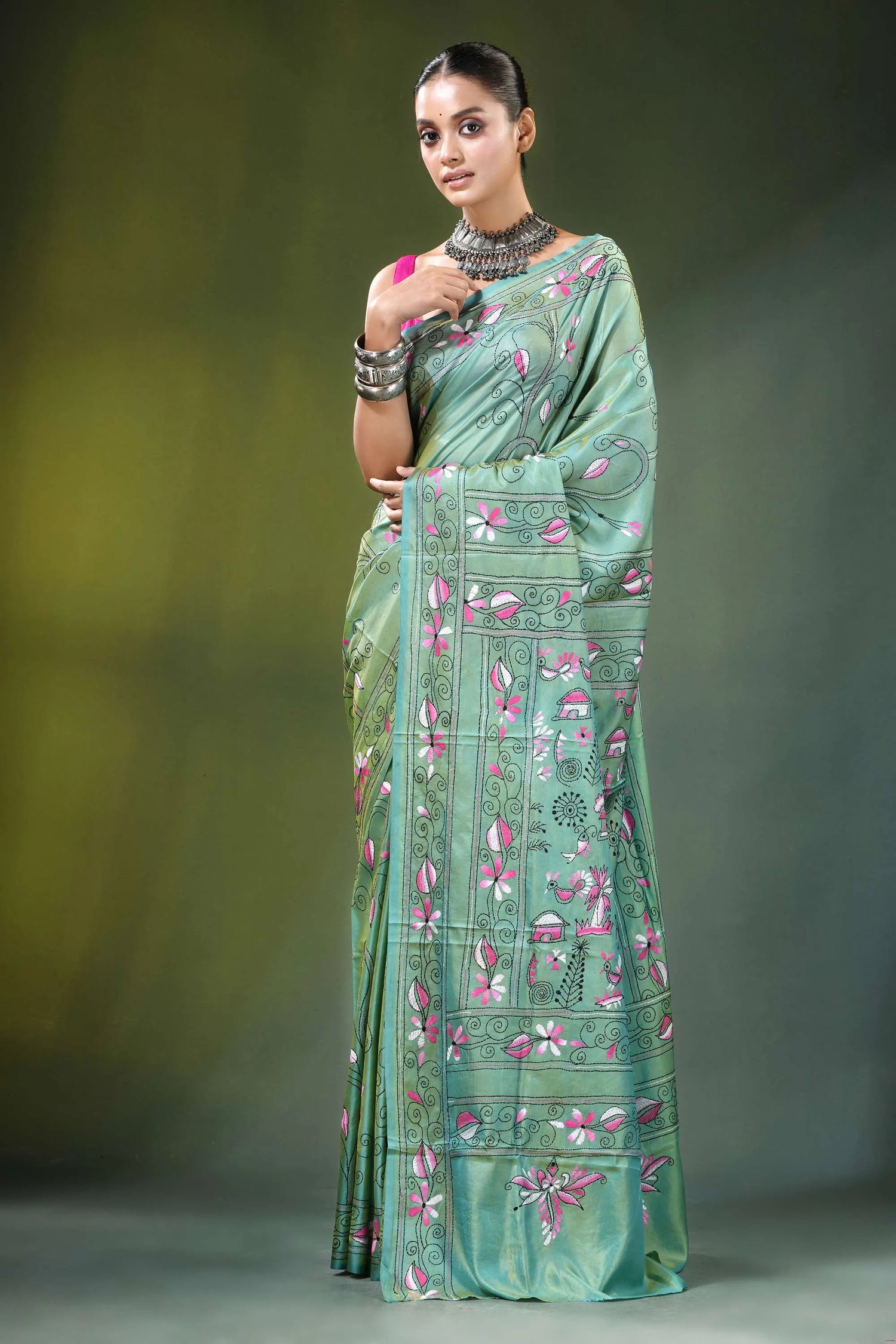 Handcrafted nature theme silk kantha stitch saree in sea green light adorned 6