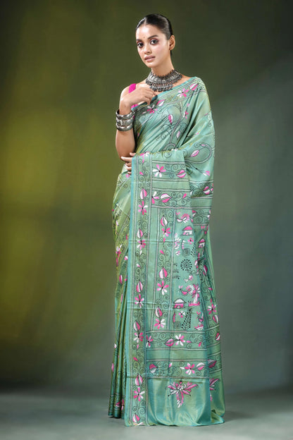 Handcrafted nature theme silk kantha stitch saree in sea green light adorned 6