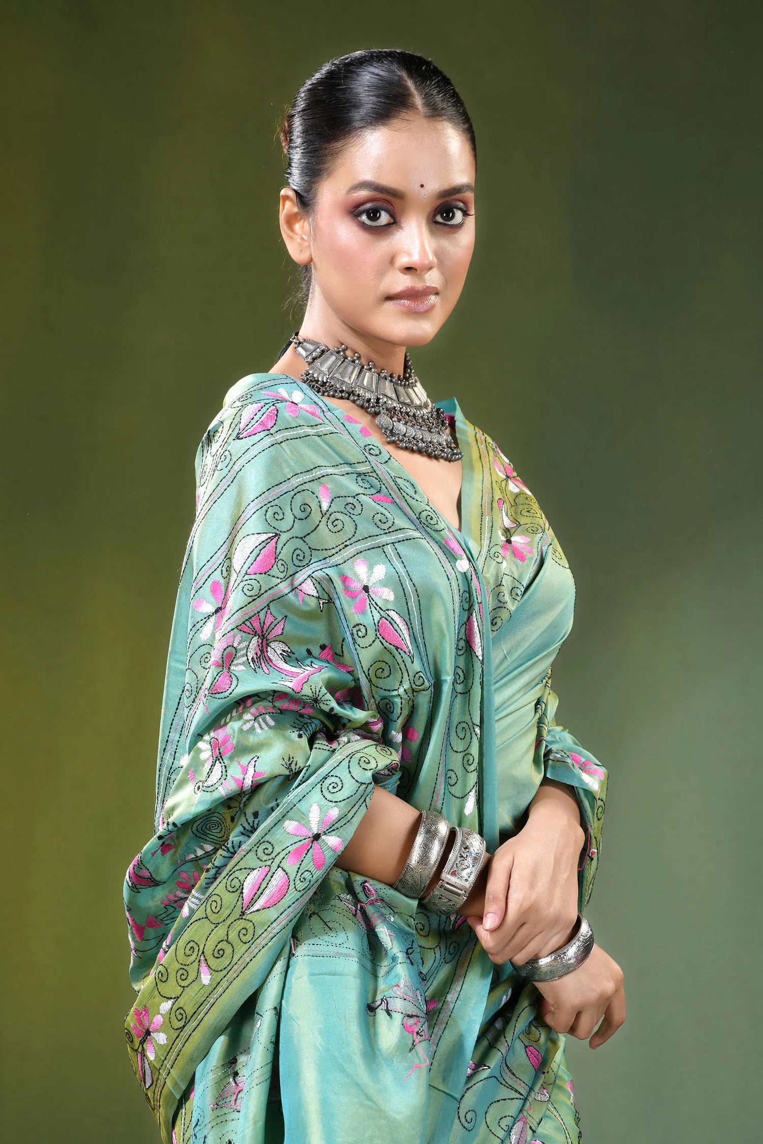 Handcrafted nature theme silk kantha stitch saree in sea green woman wears light 2