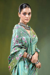 Handcrafted nature theme silk kantha stitch saree in sea green woman wears light 2