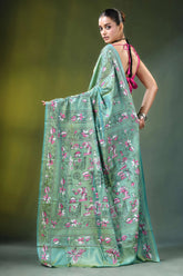Handcrafted nature theme silk kantha stitch saree in sea green light adorned 5