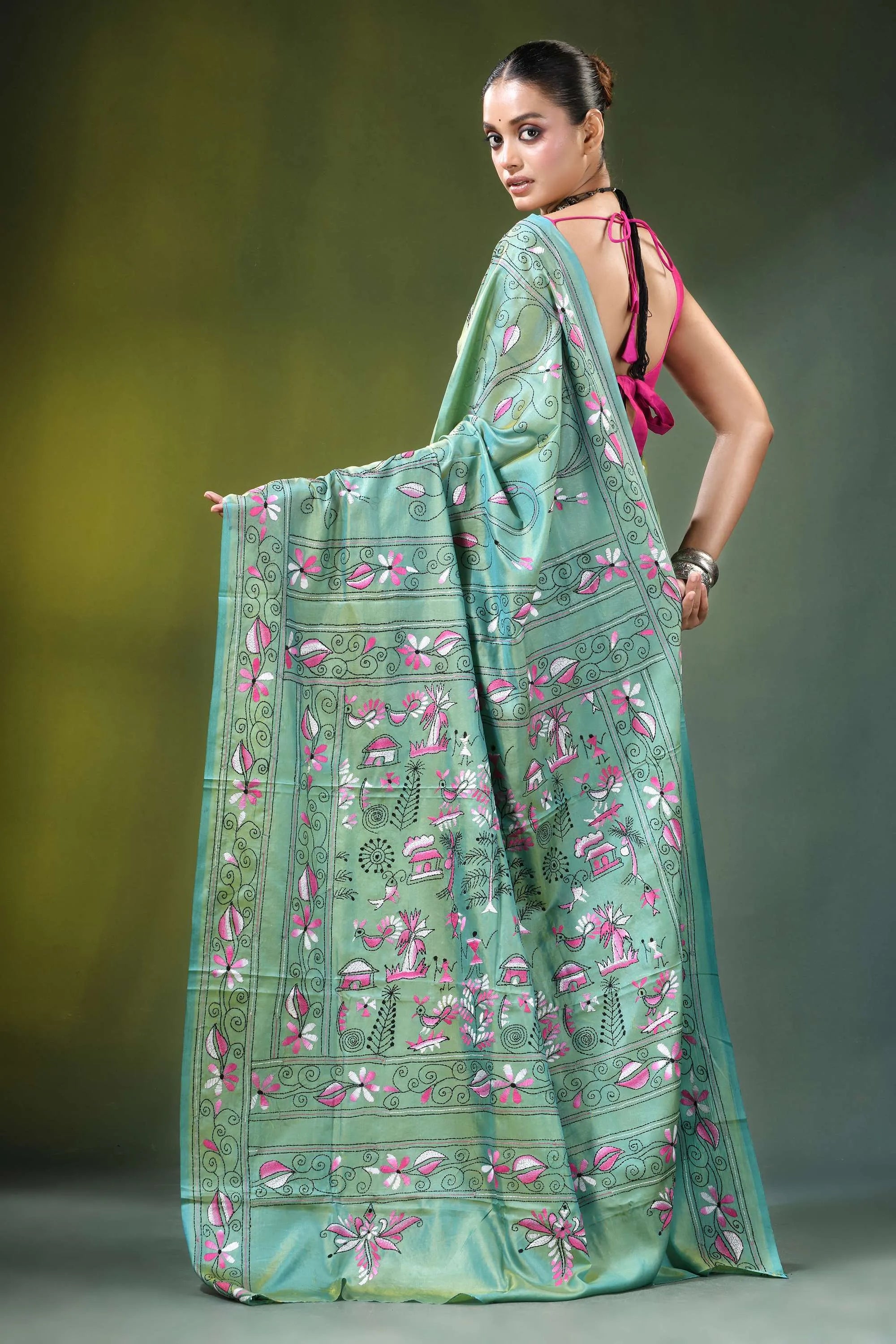 Handcrafted nature theme silk kantha stitch saree in sea green light adorned 5