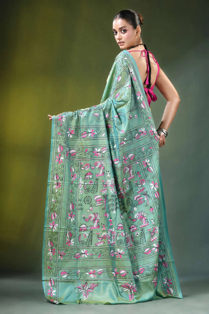 Handcrafted nature theme silk kantha stitch saree in sea green light adorned 5