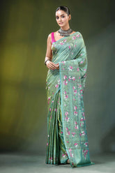 Handcrafted nature theme silk kantha stitch saree in sea green woman wears light 1