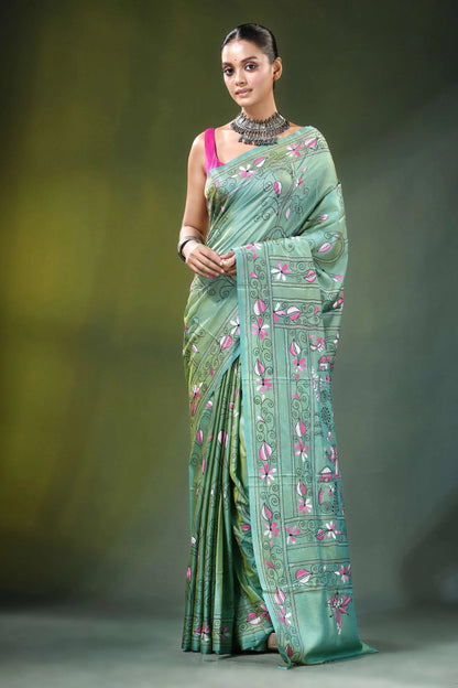 Handcrafted nature theme silk kantha stitch saree in sea green woman wears light 1