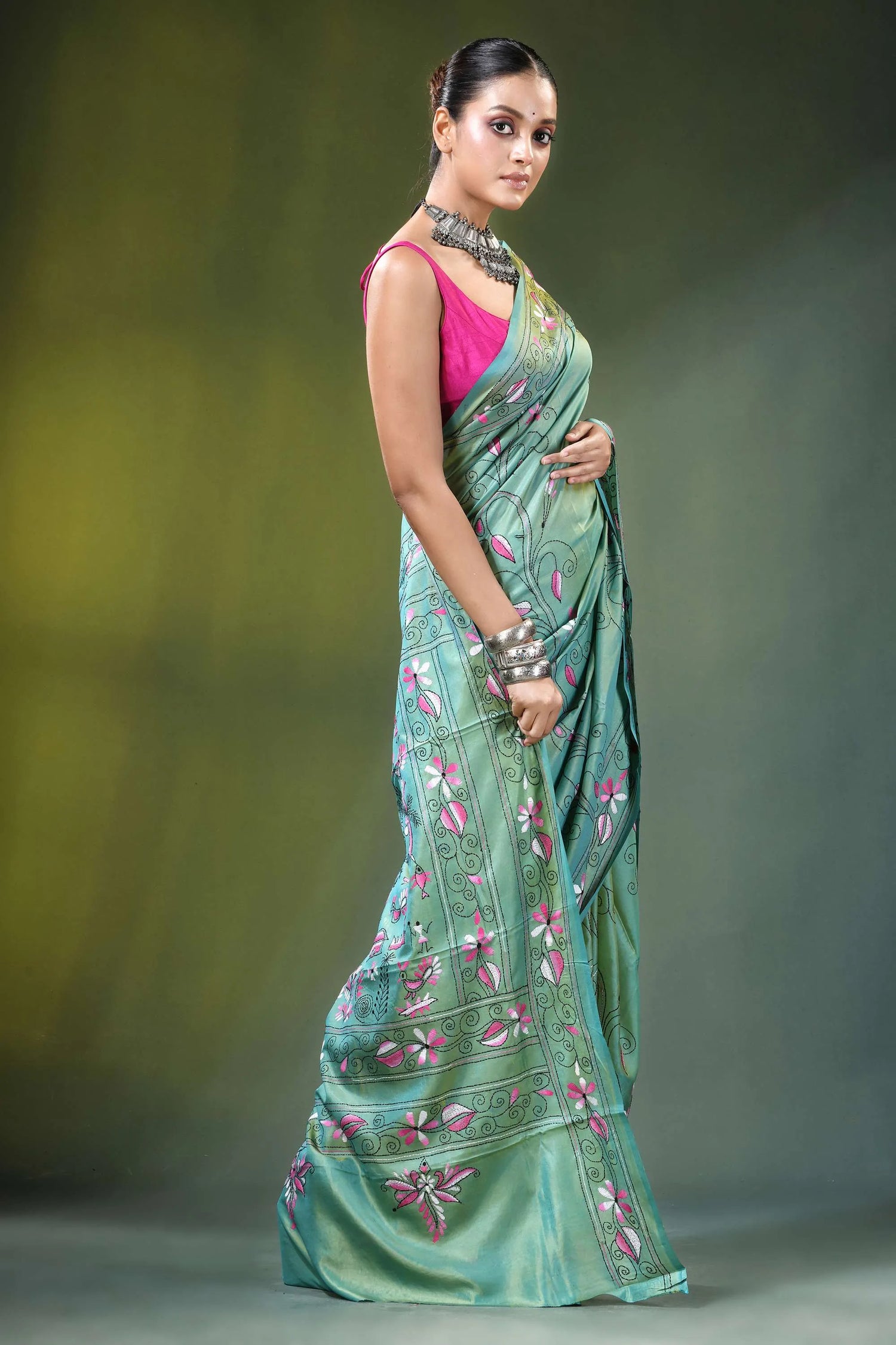 Handcrafted nature theme silk kantha stitch saree in sea green teal adorned pink 4