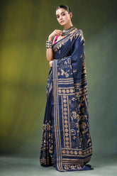 Handcrafted navy blue ethnic nature theme silk kantha work saree adorned 3