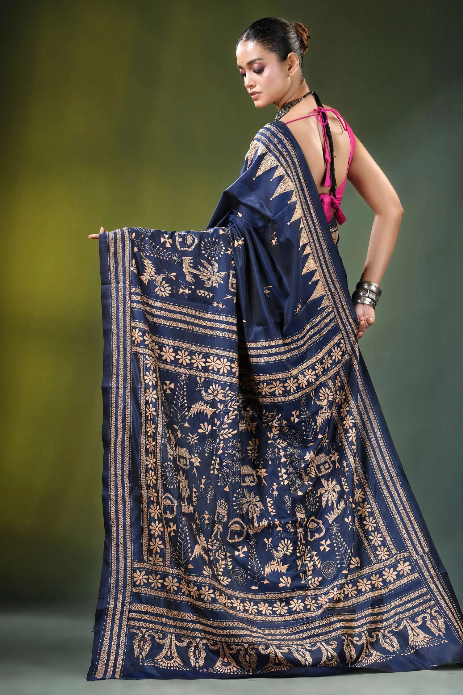 Handcrafted navy blue ethnic nature theme silk kantha work saree adorned 5