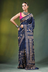 Handcrafted navy blue ethnic nature theme silk kantha work saree adorned 6