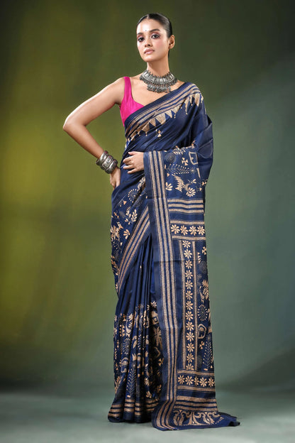 Handcrafted navy blue ethnic nature theme silk kantha work saree adorned 6