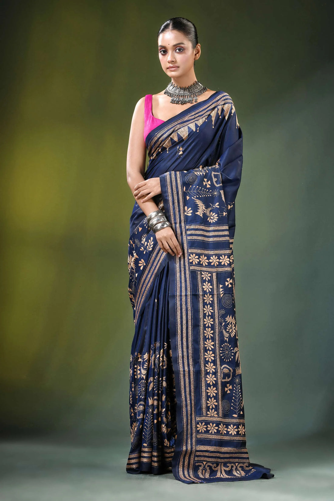 Handcrafted navy blue ethnic nature theme silk kantha work saree intricate 1