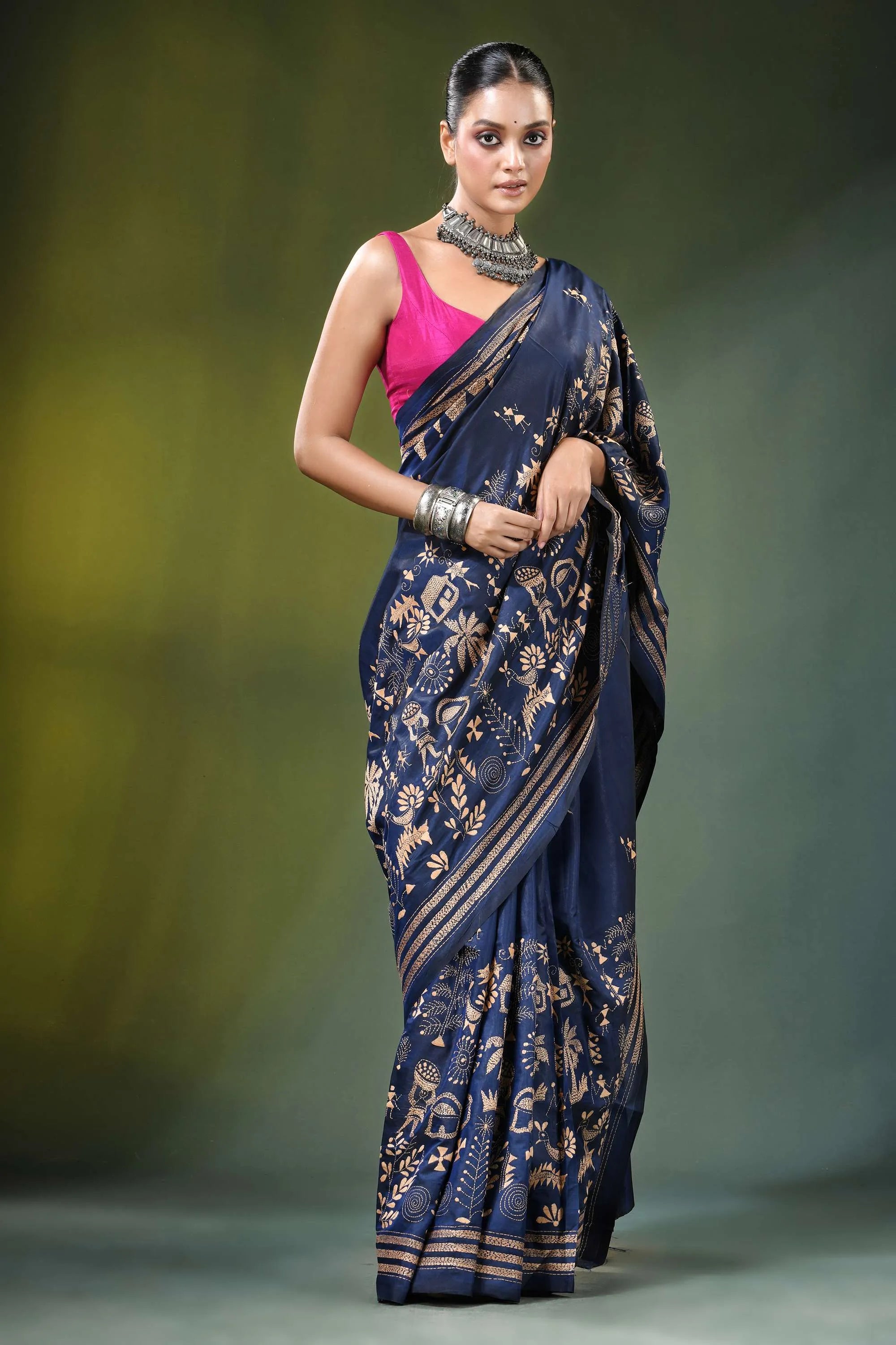 Handcrafted navy blue ethnic nature theme silk kantha work saree adorned 4