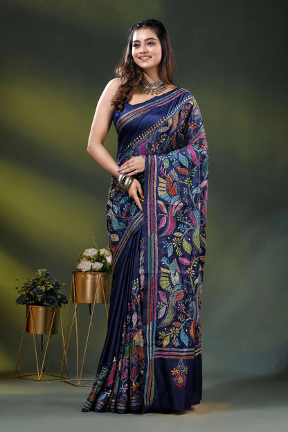 Handcrafted navy blue floral bird design silk kantha stitch saree 6