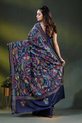 Handcrafted navy blue floral bird design silk kantha stitch saree 4