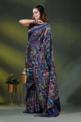 Handcrafted navy blue floral bird design silk kantha stitch saree 7