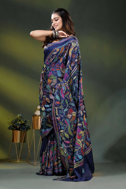 Handcrafted navy blue floral bird design silk kantha stitch saree 7