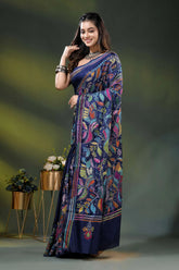 Handcrafted navy blue floral bird design silk kantha stitch saree 3