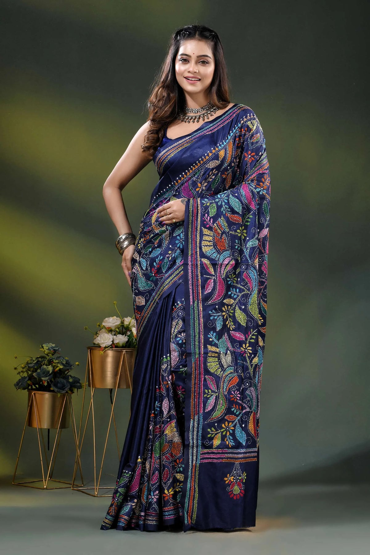 Handcrafted navy blue floral bird design silk kantha stitch saree 1